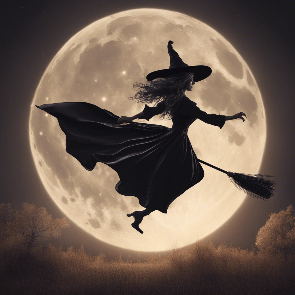 Margarita witch flying on a broom to the Sabbath at night against the backdrop of the full moon