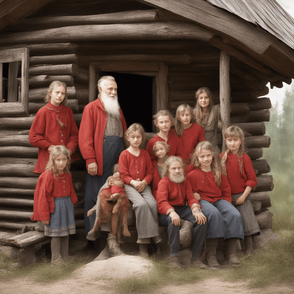 Left side view, white background, leaning forward, inviting with hand, old Russian grandfather, white beard, red shirt, 10 children of different ages in a log house with a porch,