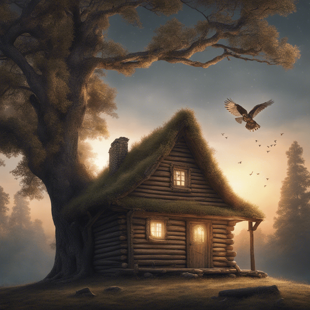 an ancient log cabin of the 12th century on the edge of the forest,
next to the oak tree, an owl is flying