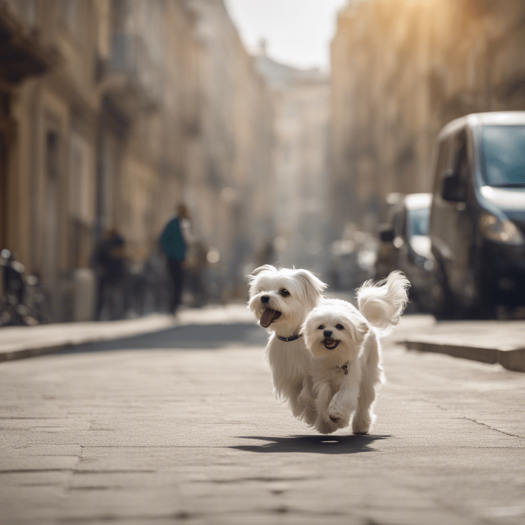 Kind beautiful maltese chasing cats on the street in the bright light of day