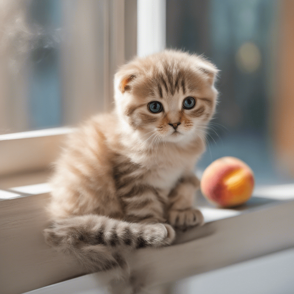 small peach Scottish fold kitten sitting on the window next to a cage with a multi-colored parrot against the background of the apartment