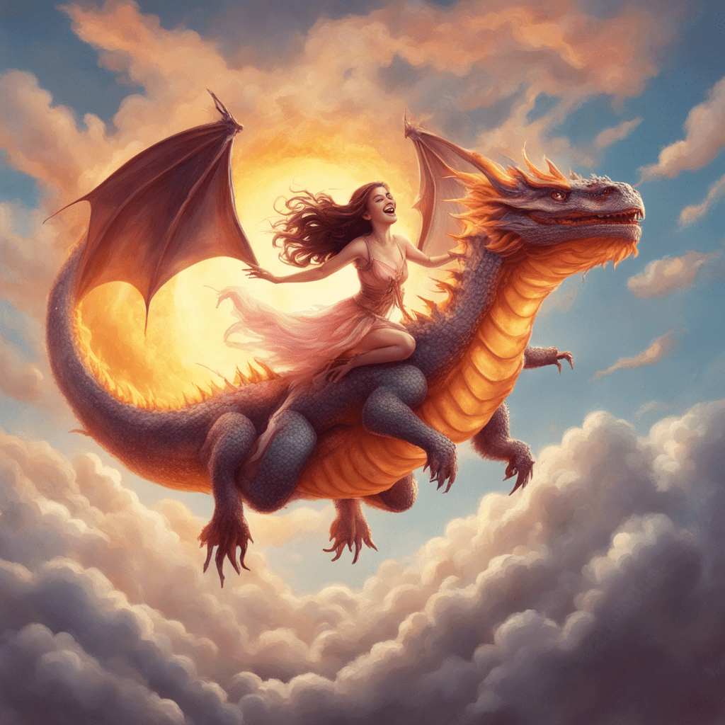lovely beautiful laughing fairy flying through the air riding a fire-breathing dragon against the background of the sky and sun