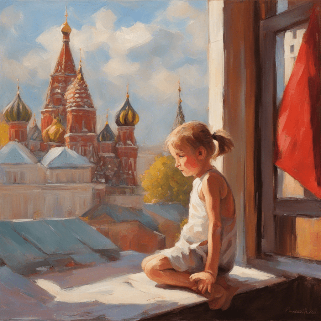 painting of a child looking out the window on Red Square in Moscow, on a bright day, red flags, white flowers, summer afternoon, many people, festive mood, expressive oil painting, professional oil painting, artistic oil painting, bright oil painting, open window, oil paintings, a vibrant light masterpiece inspired by Robert Antoine Pynchon