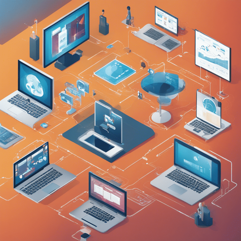 In the foreground, objects connecting the digital world with real business are depicted: modern laptops, smartphones and other devices, as well as visualizations of real business processes and workspaces, such as quorking and offices, emphasizing the practical applicability of technology.