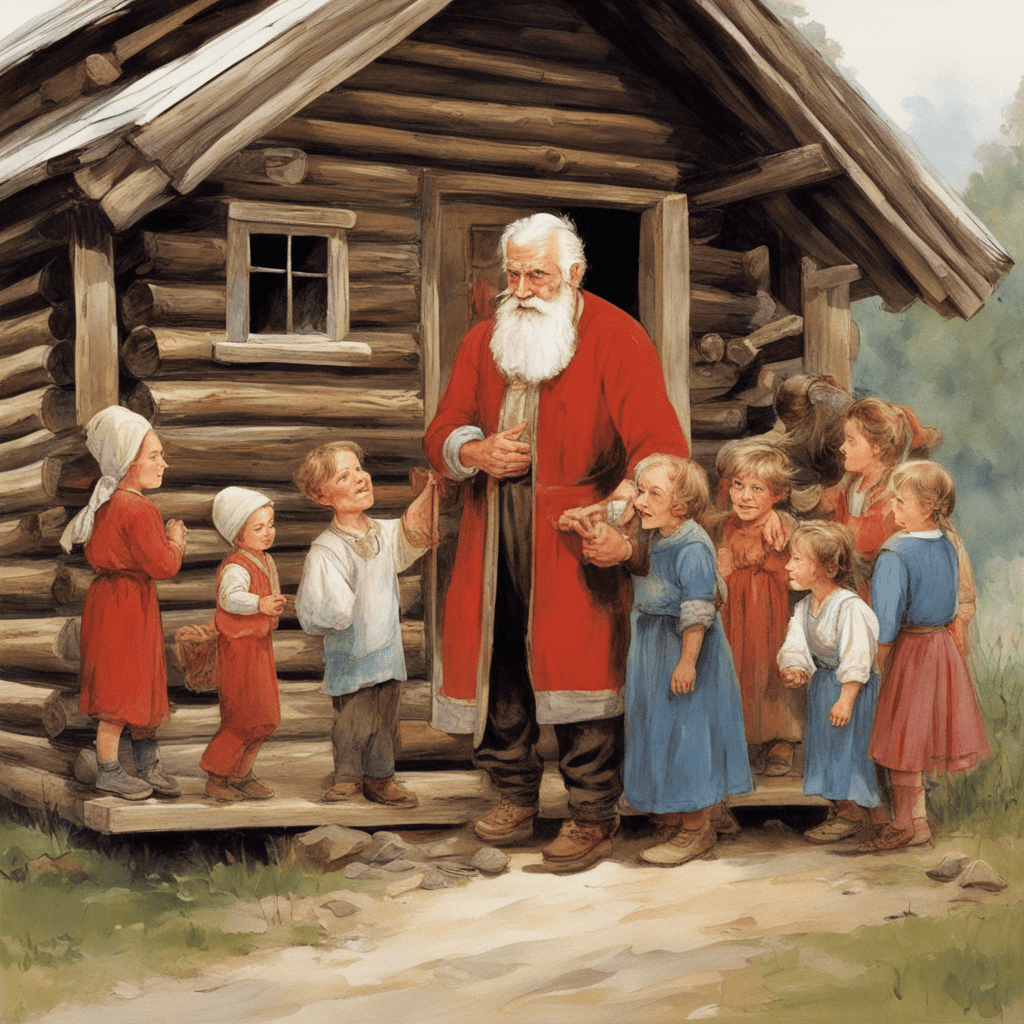 Left view, white background, bowing with hand inviting children to enter into log house with porch, old Russian grandfather, white beard, red shirt, 10 children of different ages smiling