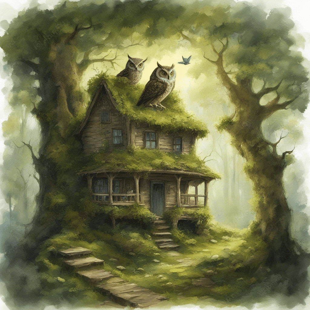 summer forest, an old bast house covered with moss, porch, house for grandfather, not far away a tree with a wide crown, a tree with a hollow, an owl flies by,