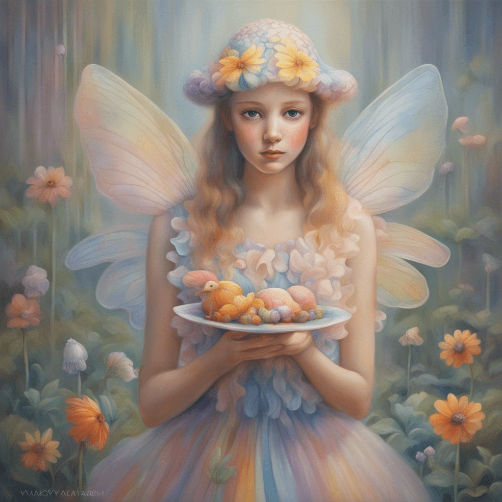 A cheerful fairy with iridescent wings and flowery dress holding a mushroom. Soft pastel lighting, whimsical fantasy scene. , realistic, hyper realistic, art by Yaacov Agam