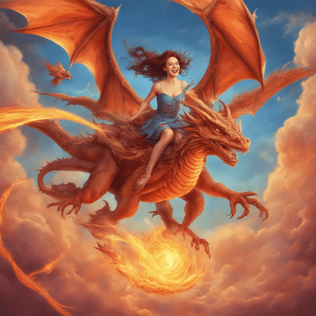 beautiful beautiful laughing fairy flying through the air riding a fire-breathing dragon against the background of the sky and sun surrounded by phoenix birds