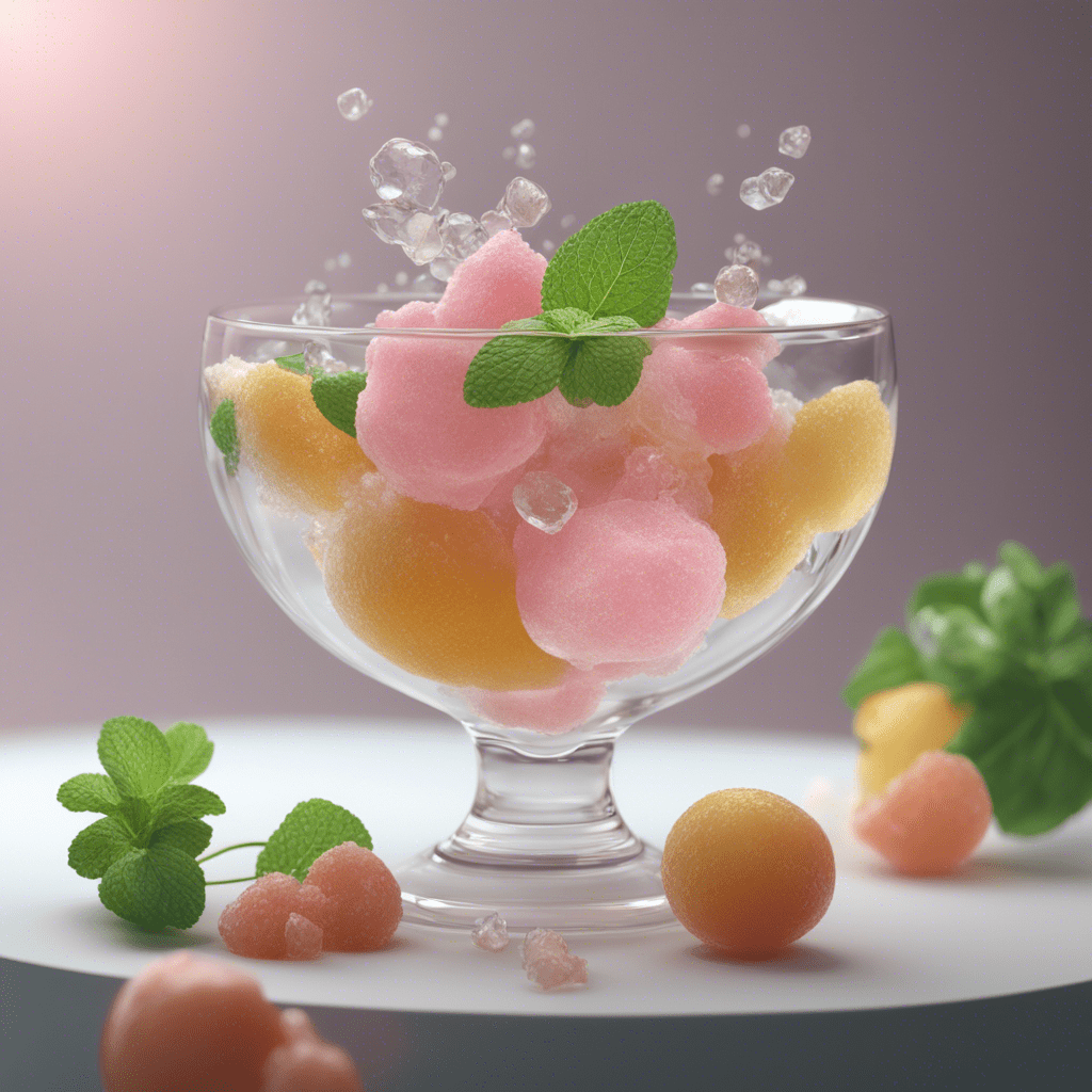 inspired by realflow-cinema4d editor features, create image of a transparent luxury cup with ice fruits and mint, connected with white, yellow and pink cream, Slow - High Speed MO Photography, 4K Commercial Food, YouTube Video Screenshot, Abstract Clay, Transparent Cup , molecular gastronomy, wheel, 3D fluid,Simulation rendering, still video, 4k polymer clay futras photography, very surreal, Houdini Fluid Simulation, hyperrealistic CGI and FLUIDS & MULTIPHYSICS SIMULATION effect, with Somali Stain Lurex, Metallic Jacquard, Gold Thread, Mulberry Silk, Toub Saree, Warm background, a fantastic image worthy of an award.