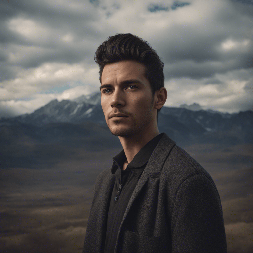 My photo, photorealism, dark hair, centered in the frame, symmetrical face, 50 mm lens, facing camera, dark background, natural light, out of focus mountains in the background, ultra‑details, 16K