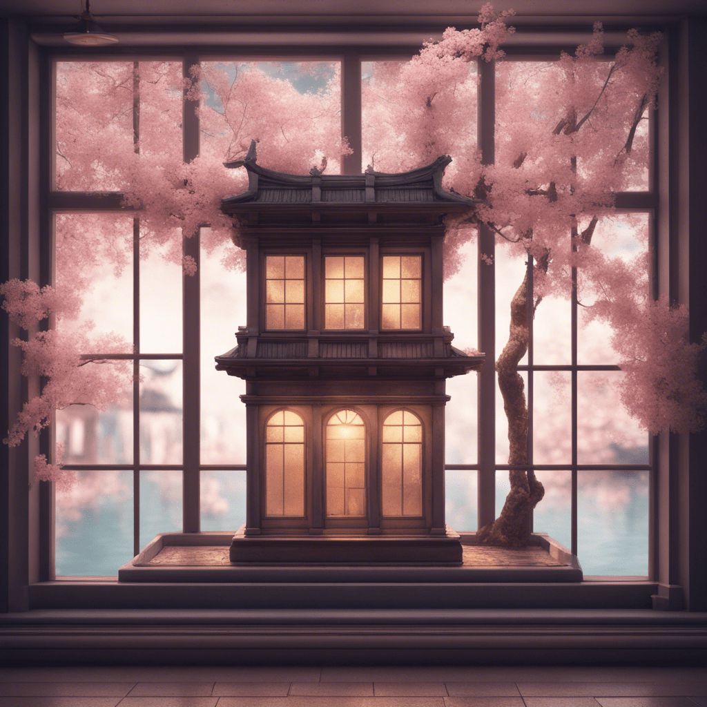 A very good authentic model of an ancient building with lights in the windows located in an aquarium with water standing on the windowsill of an open window overlooking cherry blossoms