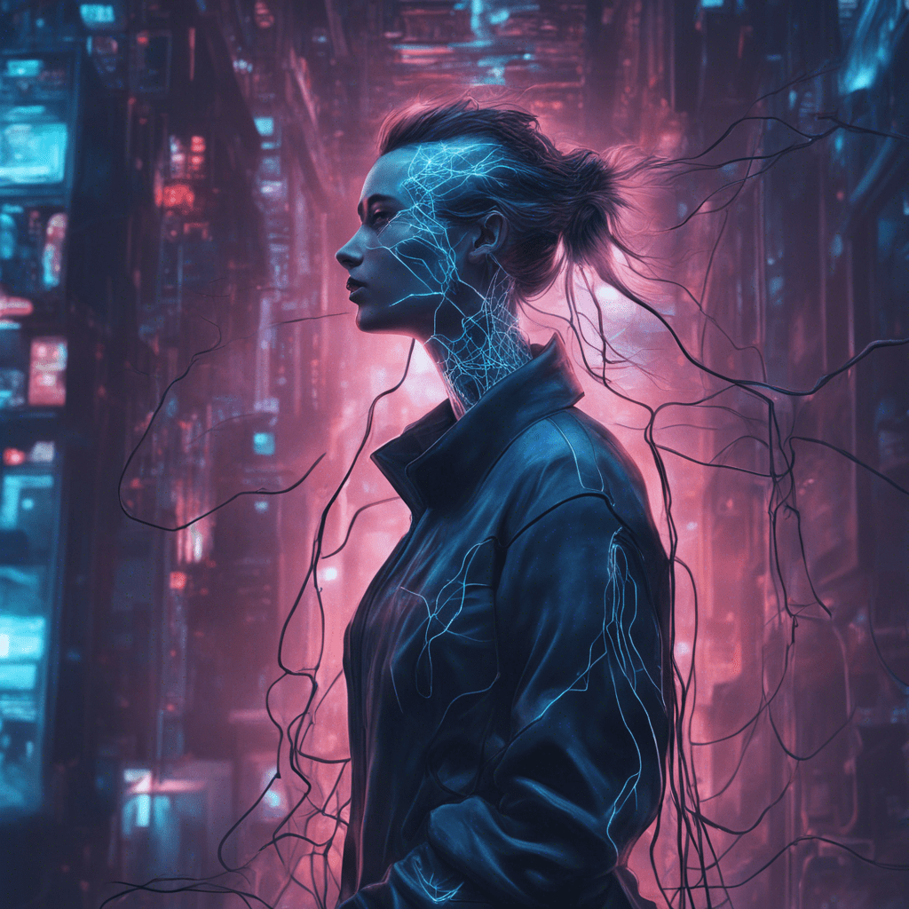You're a cool illustrator. Create an image of a neural network in human form. Realistic. High resolution. High detail. There are virtual monitors all around. Cyberpunk style.