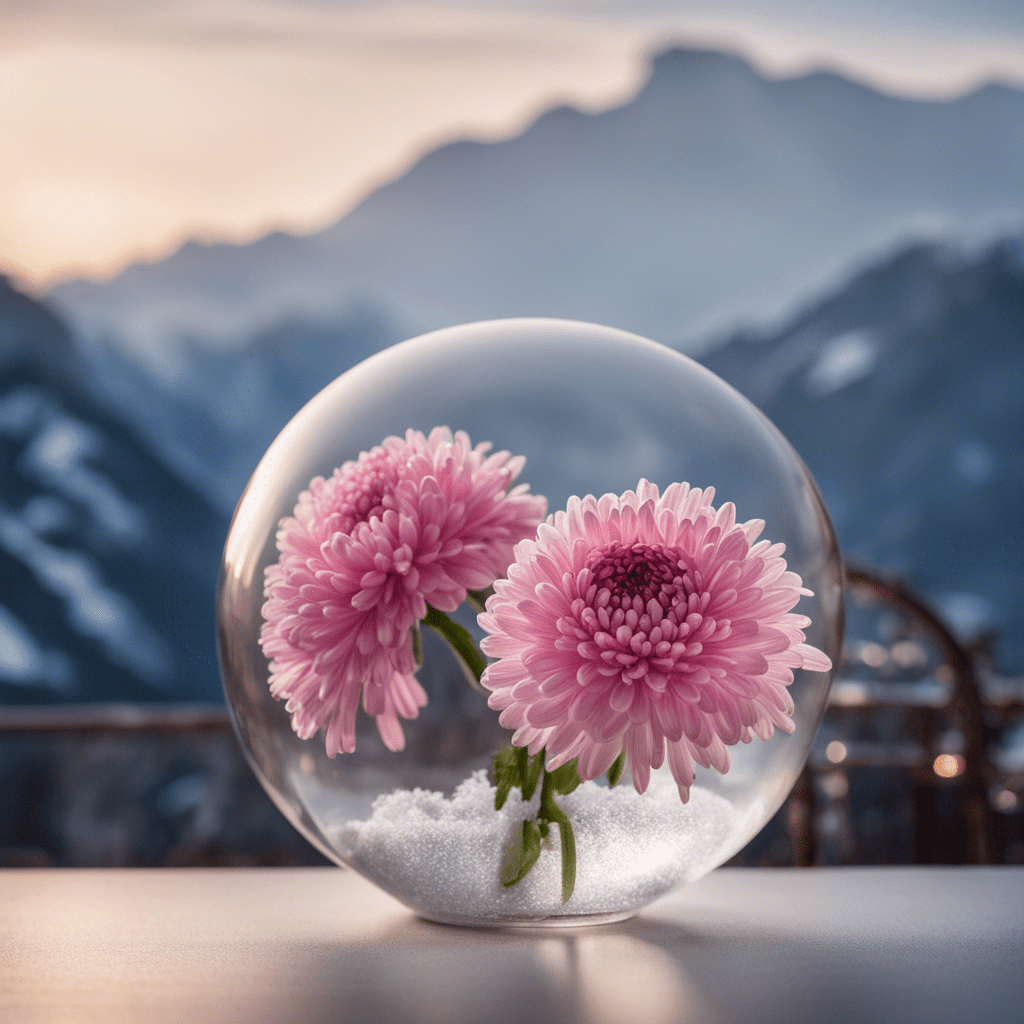 A beautiful chrysanthemum flower stands in a luminous glass transparent ball on a table with a vase of fruit against the backdrop of snowy mountains
