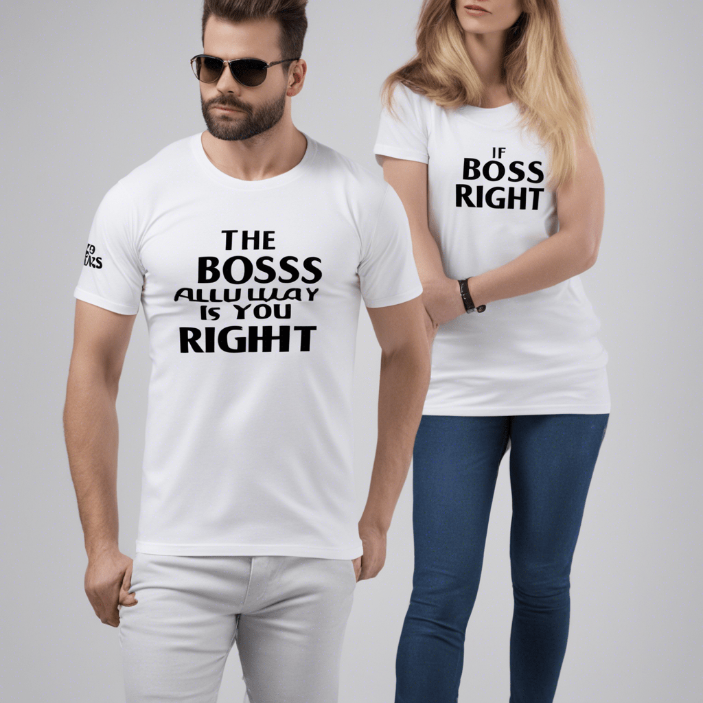 white printed T-shirt,
1 the boss is always right,
2 if you are not sure, read point-1