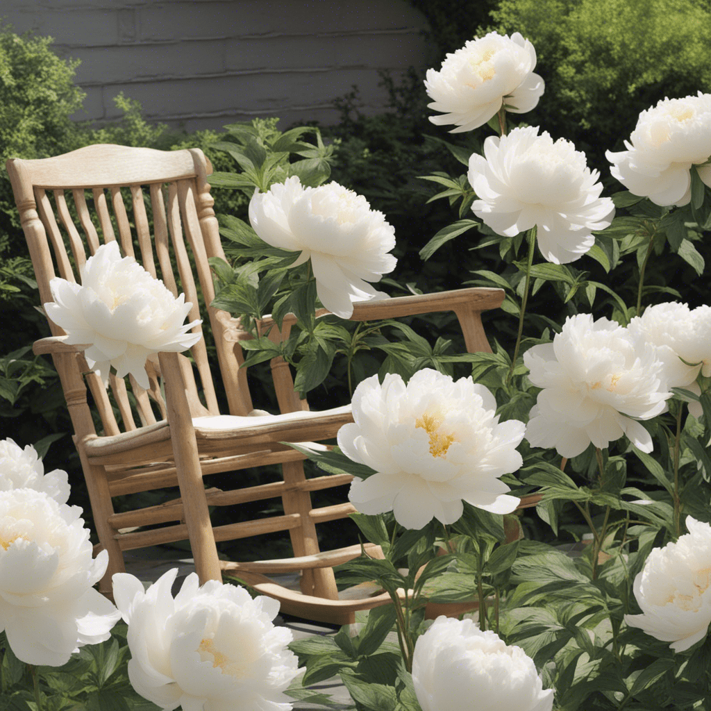white peonies in the garden with rocking chairs