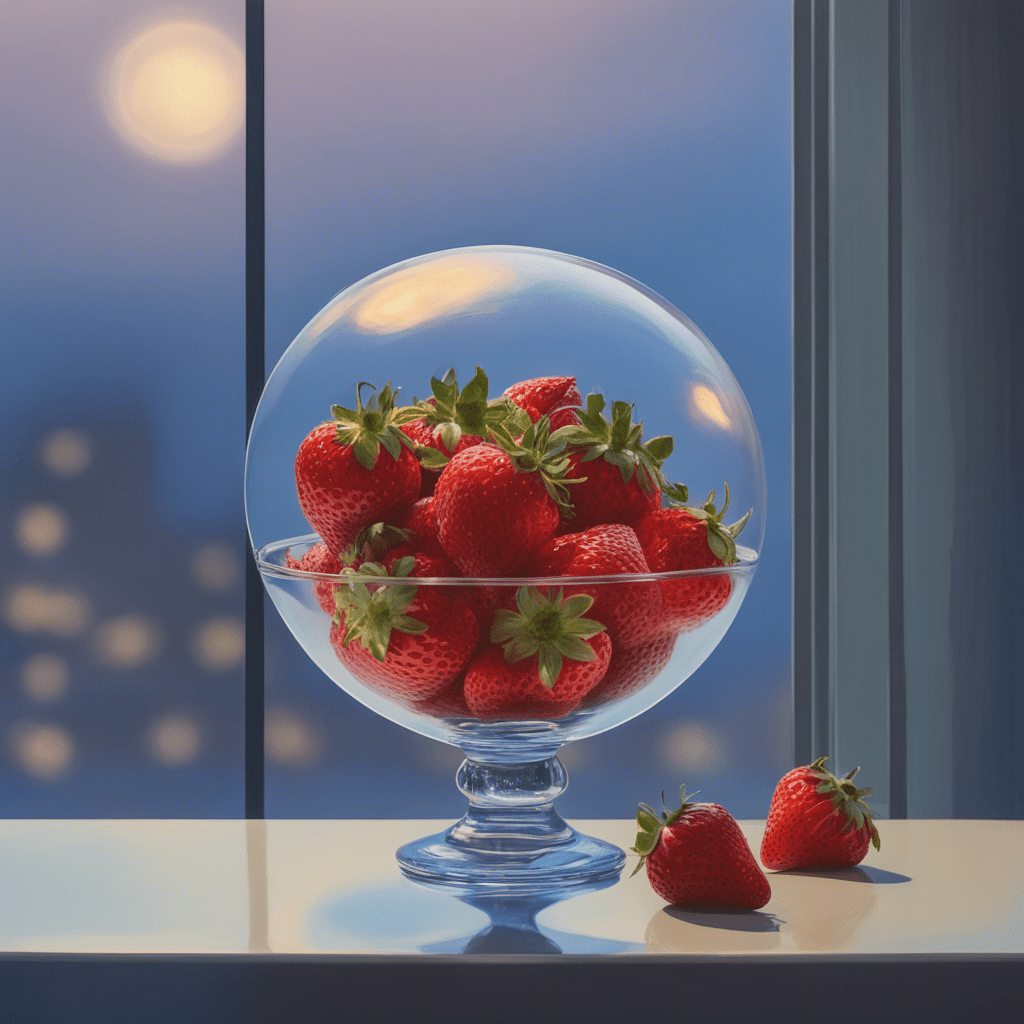 large juicy bright strawberry in a vase, a container for cream, in a glass sphere