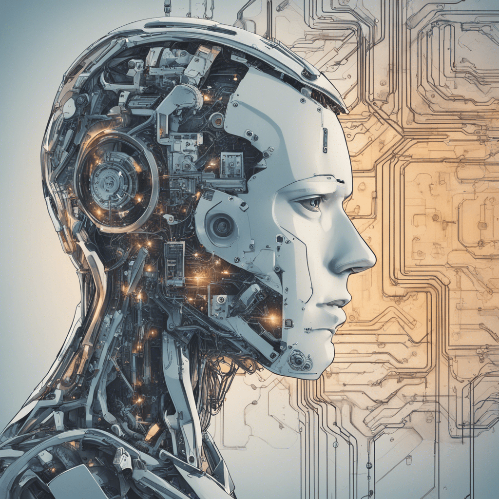 "The impact of artificial intelligence on the future of work: 
   combining technology and human potential." An illustration integrating machines
   with technology symbolism and human contours with elements of creativity 
   and communication. Emphasize the importance of developing skills that are 
   not easily automated in a changing work environment.