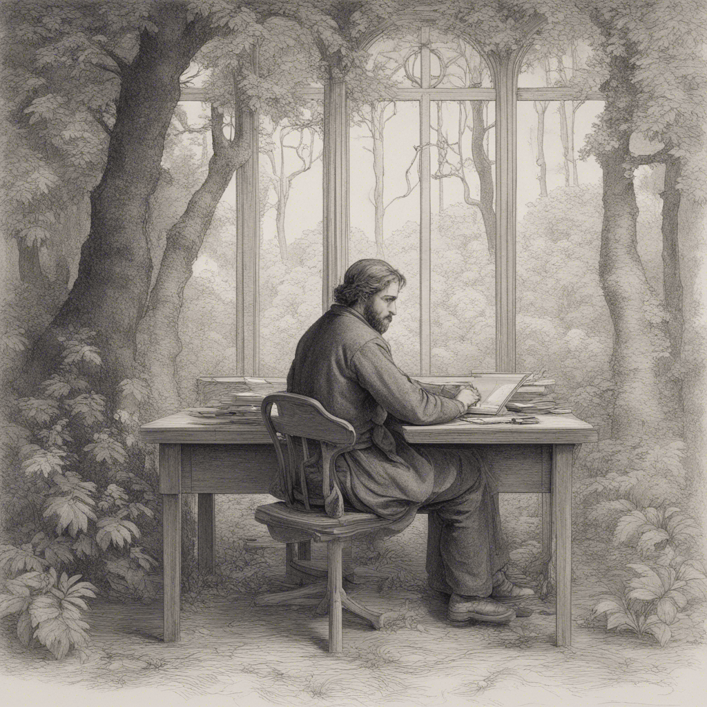 A man sits pensively at his computer against the background of a beautiful forest.