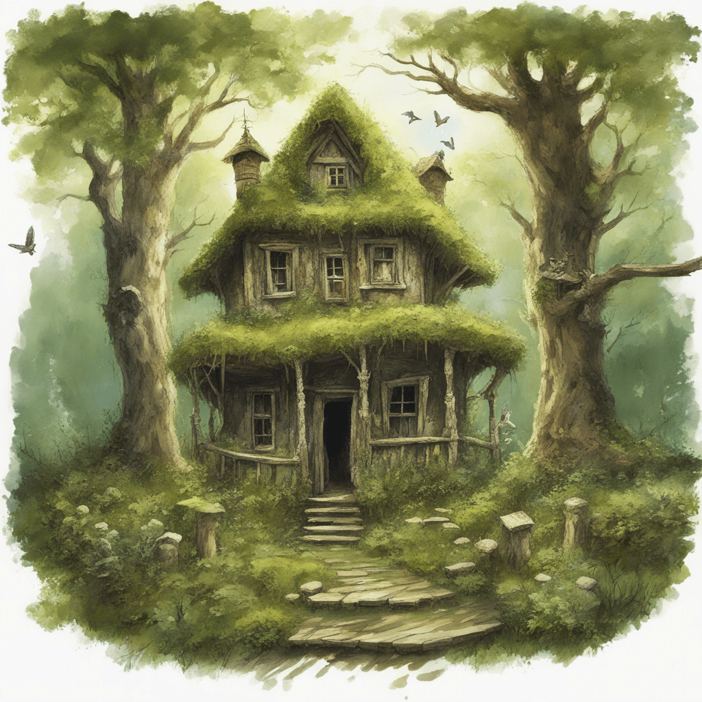 summer forest, an old bast house covered with moss, porch, house for grandfather, not far away a tree with a wide crown, a tree with a hollow, an owl flies by,