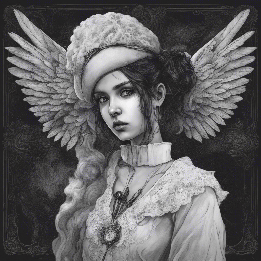 a girl who considers herself a black sheep. She is not accepted by society. She's upset. The world around is black and white. She's half colored. the wings are lowered.