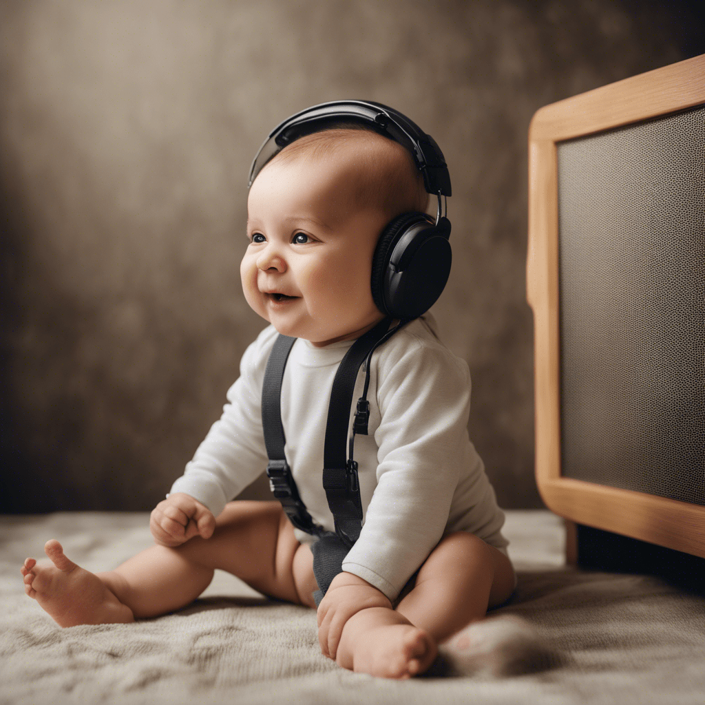 A baby enjoys listening to high end acoustic equipment.