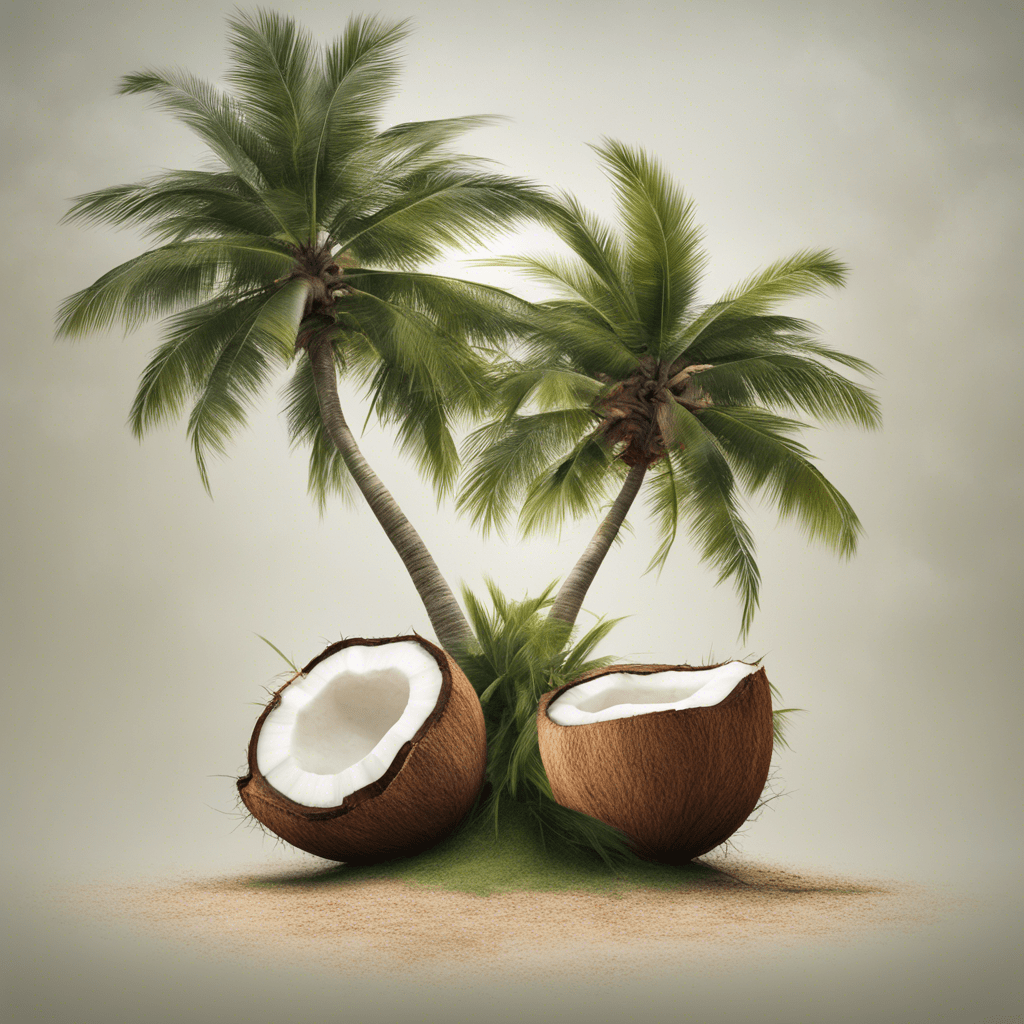 create a clear picture of a coconut tree and a split coconut under the tree