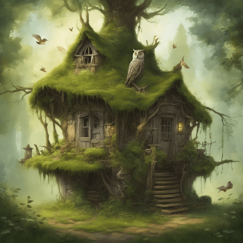 summer forest, an old bast house covered with moss, porch, house for grandfather, not far away a tree with a wide crown, a tree with a hollow, a large owl flies nearby,