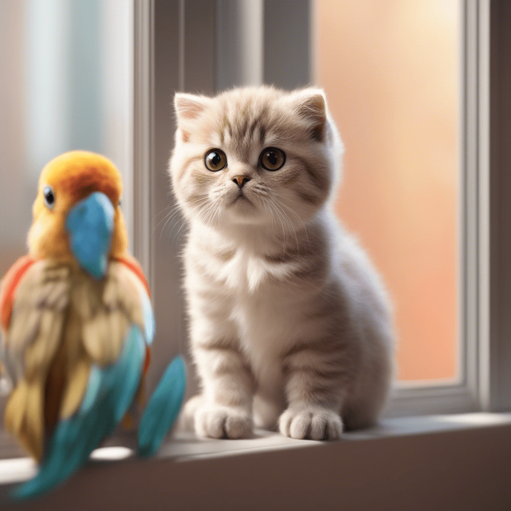 small peach Scottish fold kitten sitting on the window next to a multi-colored parrot