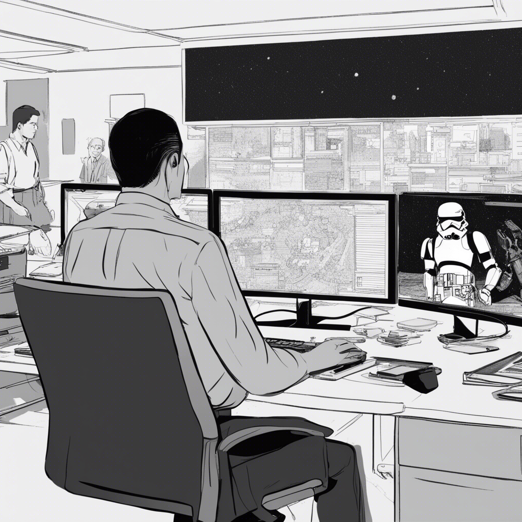 The office is digging, a man is sitting at a large monitor, on the monitor is an excerpt from the movie "star Wars"