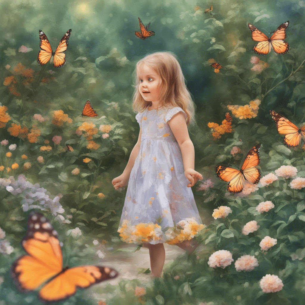 A little girl walks in a blooming garden and sees a beautiful, bright butterfly.