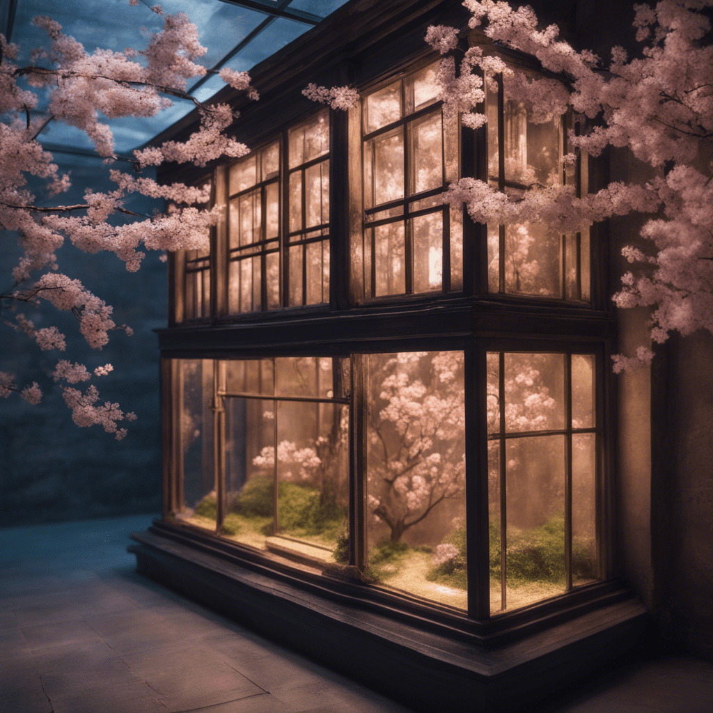 A very good authentic model of an ancient building with lights in the windows located in an aquarium with water standing on the windowsill of an open window overlooking cherry blossoms