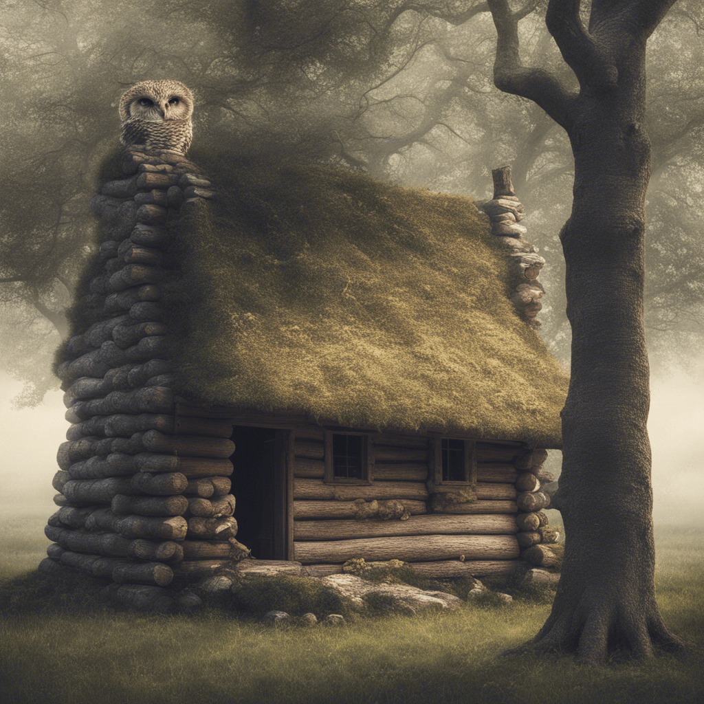 an ancient log cabin of the 12th century on the edge of the forest,
next to the oak tree, an owl is flying