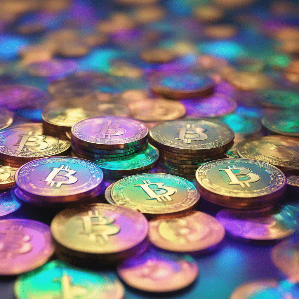 colorful shiny polished bitcoin coins stacked and scattered on a transparent iridescent flat surface. Side view.  Smoke puffs on the background, game, arcade, neural network inside