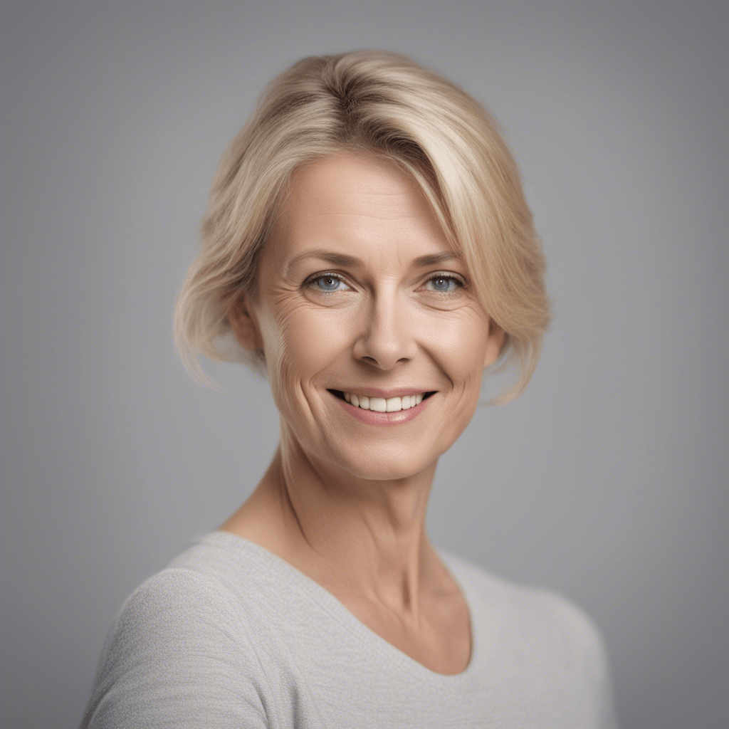 woman 40 years old, photorealism, blonde, fair skin, no wrinkles, face should be in the center of the frame, symmetrical, lens 50 mm, on a light gray background, out of focus, in, in back focus, clear resolution 16k