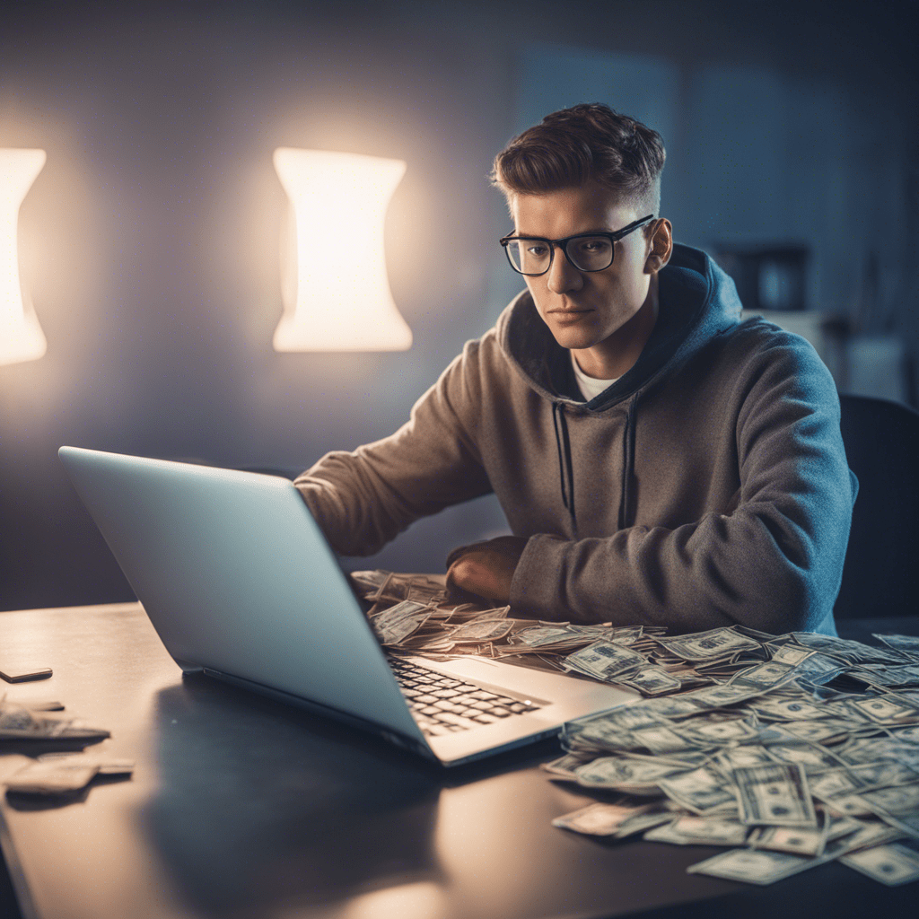 a young man sits on a small wad of dollars and works on a huge laptop on a table with an open lid.
