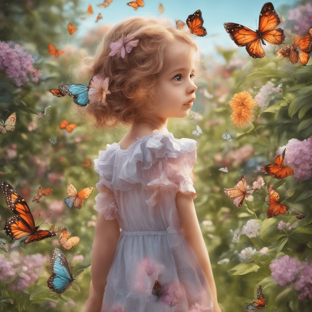 little girl with big kind eyes walks in a blooming garden and sees beautiful butterflies.
