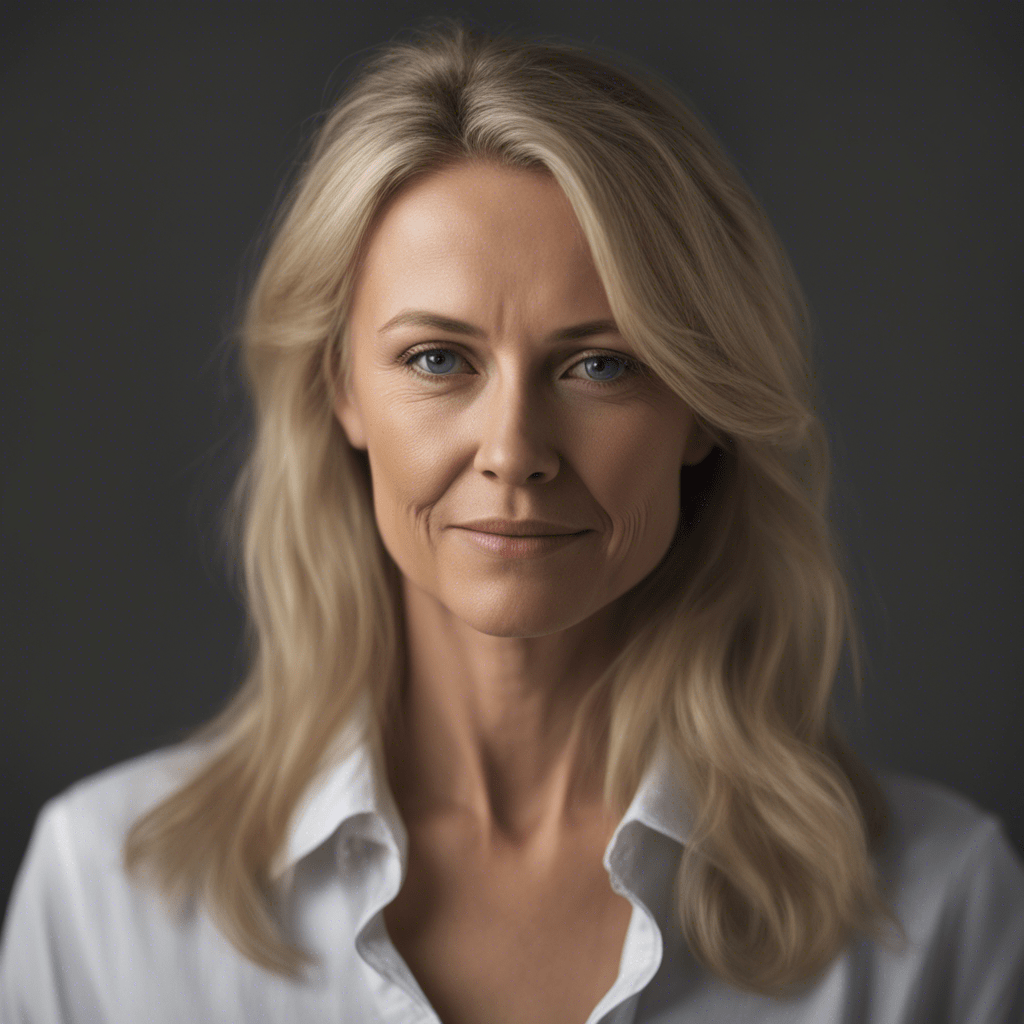 woman 40 years old, photorealism, blonde, face should be in the center of the frame, symmetrical, 50mm lens, on a dark background, out of focus, on, in the back focus, clear resolution 16k