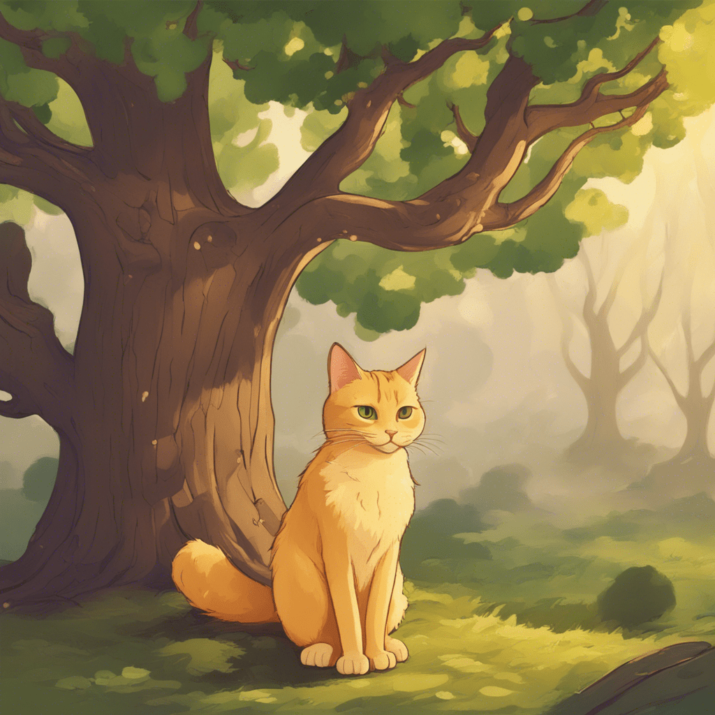 there is a green oak tree near the Lukomorye, a golden chain on the oak tree, and a cat sits on the oak tree