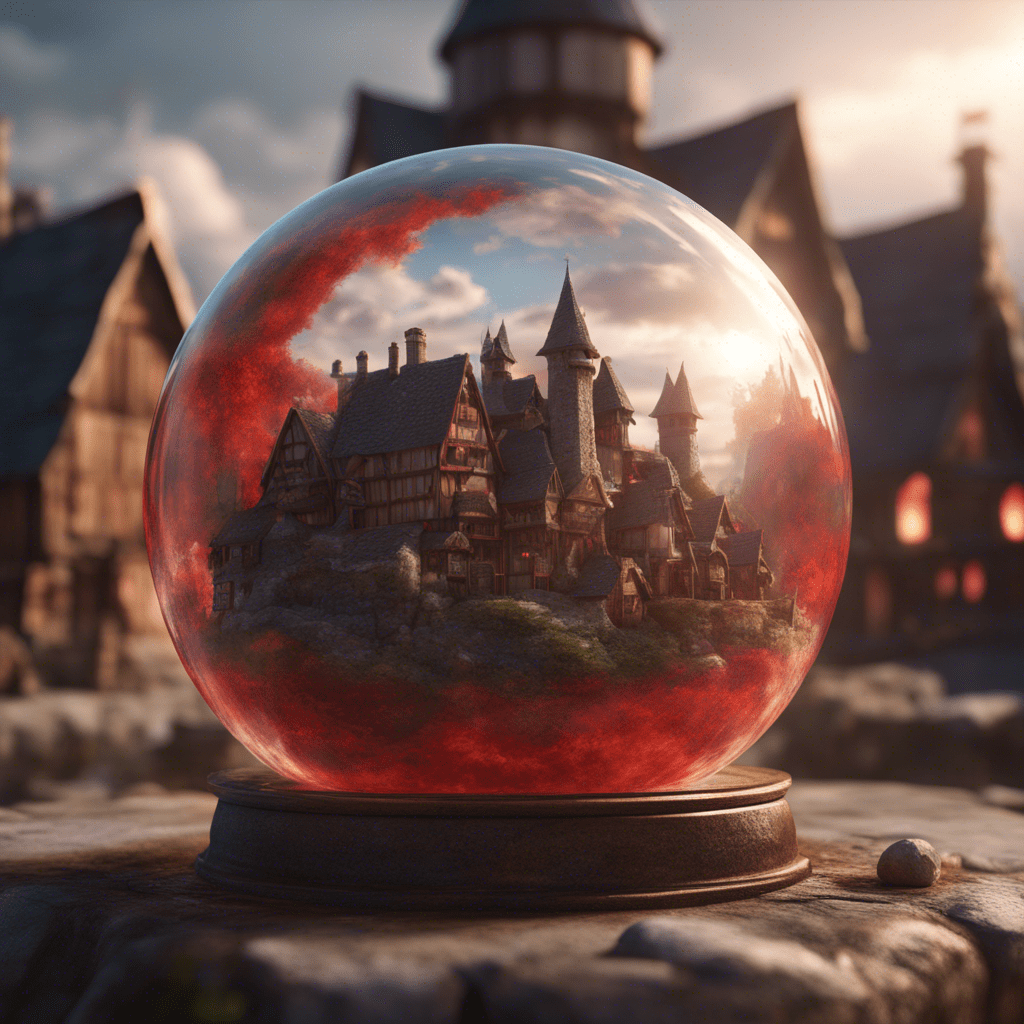 fantasy medieval village world inside a glass sphere , high detail, fantasy, realistic, light effect, hyper detail, volumetric lighting, cinematic, macro, depth of field, blur, red light and clouds from the back, highly detailed epic cinematic concept art cg render made in maya, blender and photoshop, octane render, excellent composition, dynamic dramatic cinematic lighting, aesthetic, very inspirational, world inside a glass sphere by james gurney by artgerm with james jean, joe fenton and tristan eaton by ross tran, , fine details, 4k resolution,