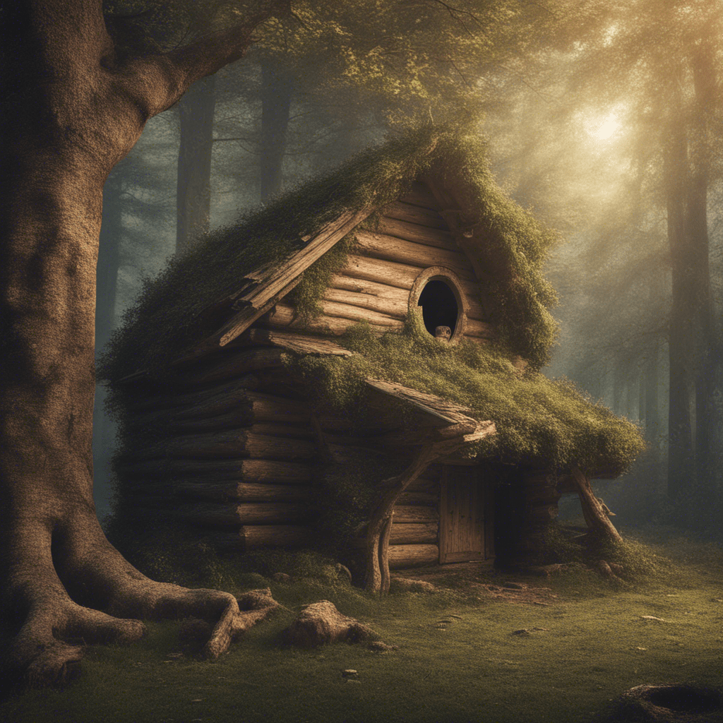 an ancient log cabin of the 12th century on the edge of the forest,
next to an oak tree with a hole in it, an owl is sitting in the tree with a hole in it.