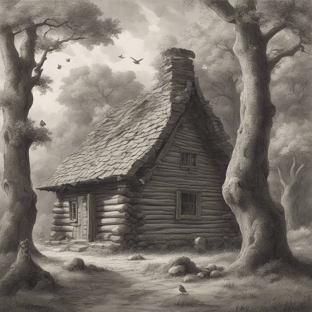 an ancient log cabin of the 12th century on the edge of the forest,
next to the oak tree, an owl is flying