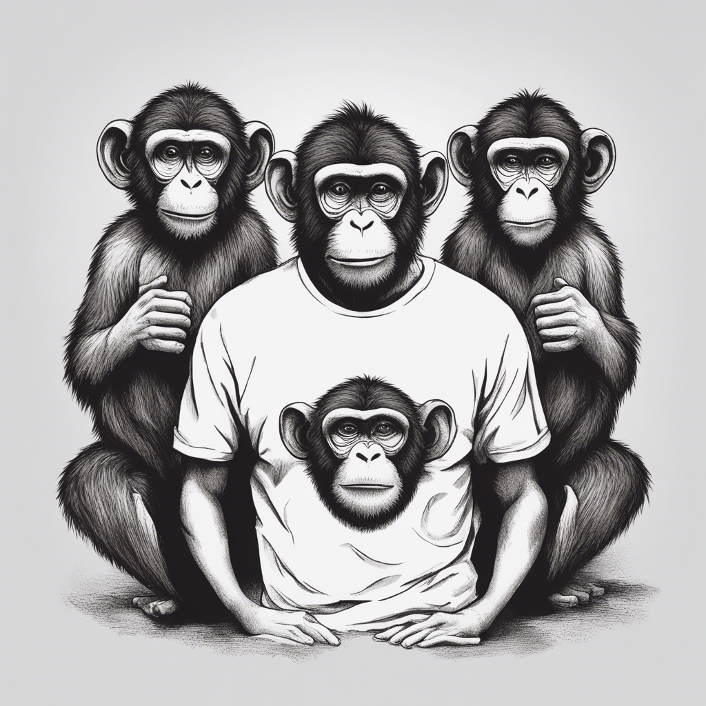 print on a white T-shirt with the image of three monkeys that symbolize sayings, I don't see anything, I don't hear anything, I won't tell anyone anything