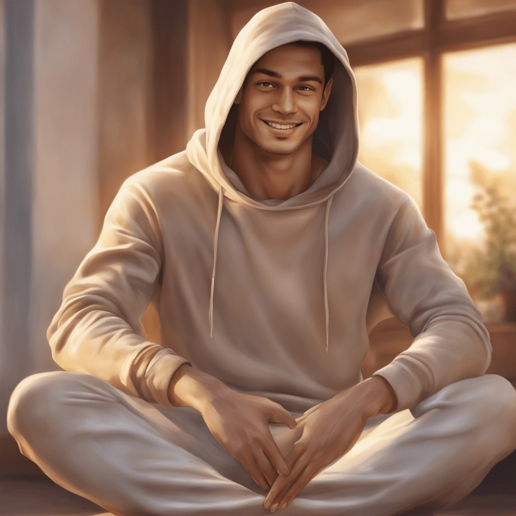 Photorealism. A young man with a beautiful, athletic figure sits in the half-lotus position. Clothes: linen T-shirt with long sleeves and a hood, sports fashionable tights in light brown color. He smiles a radiant smile. Bright facial features and clear body contours. Background: dawn, the sun is rising, Play of light and shadow. The edge of a green forest