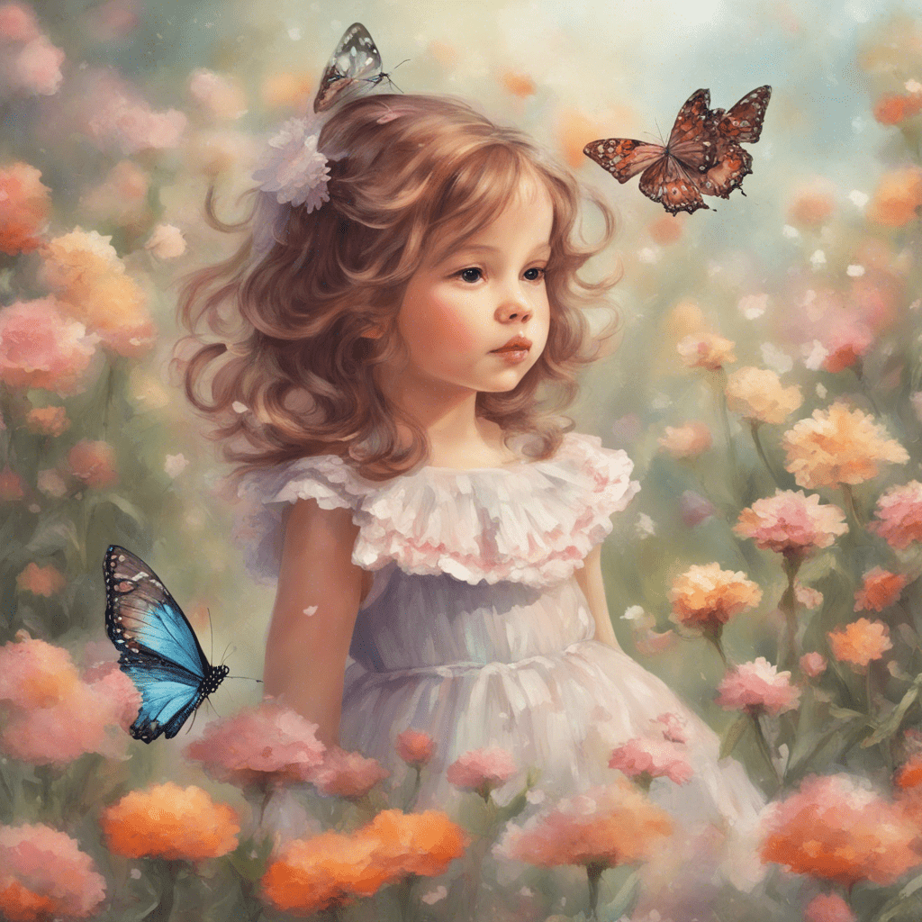 A little girl walks in a blooming garden and sees a bright, beautiful butterfly.