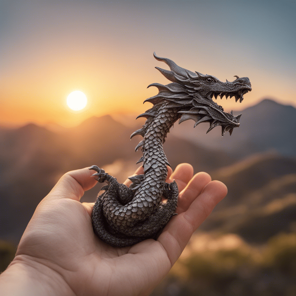 Eastern dragon scale 1 to 3 sitting on the hand of a baby standing on a hill against the backdrop of mountains and the sun.