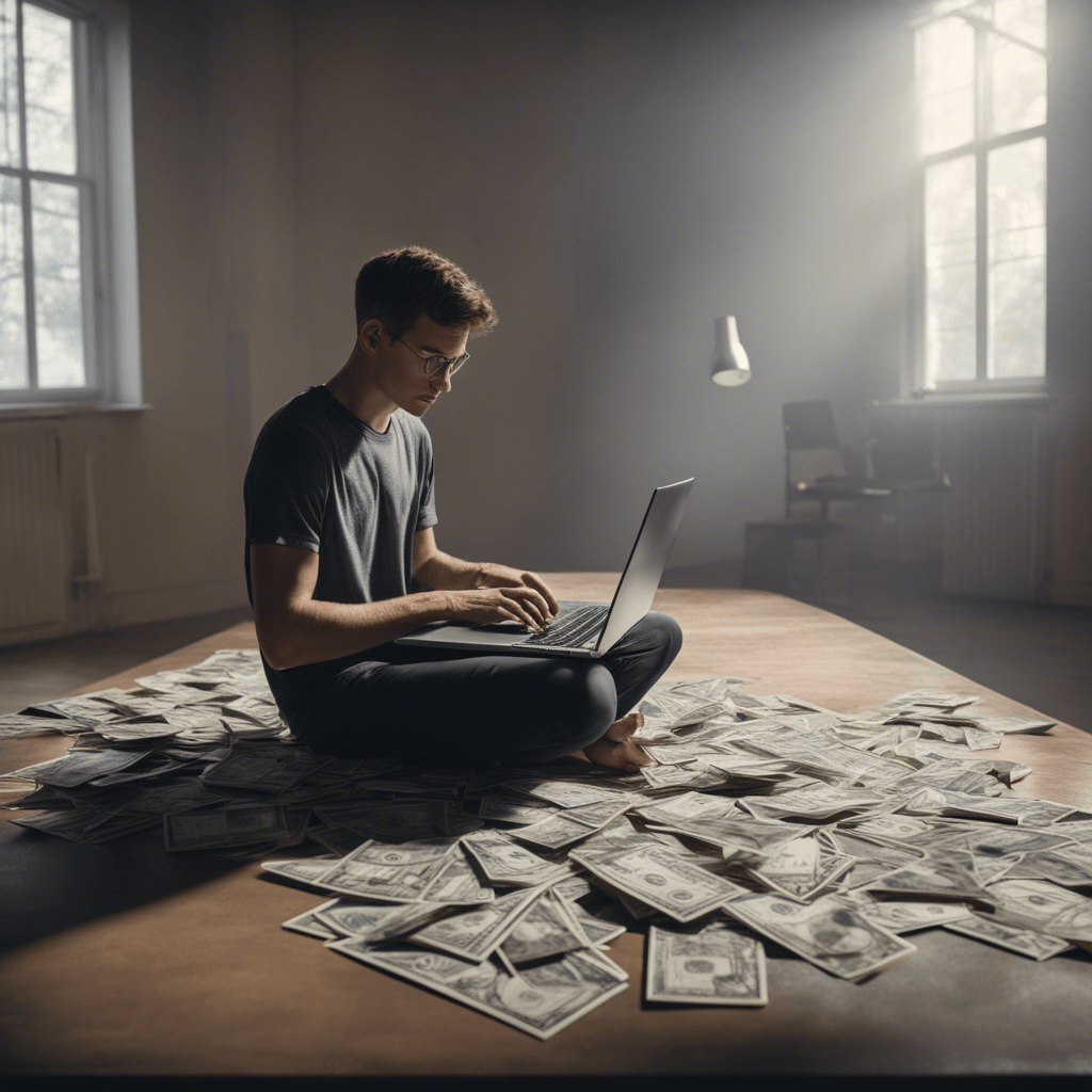 a young man sits on a huge wad of dollars and works on a huge laptop on a table with an open lid.