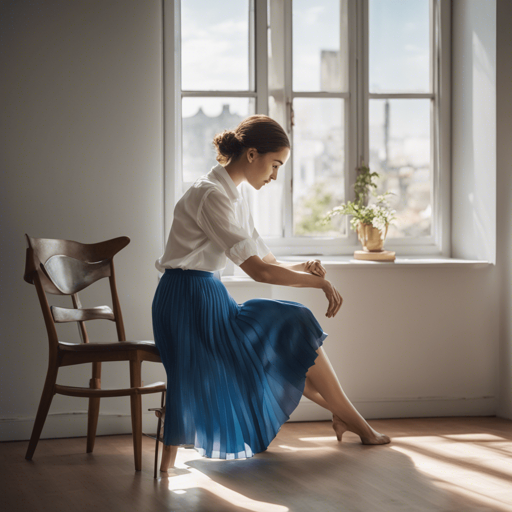 Clear picture A woman in a white blouse and a blue pleated skirt sits on a chair bent over and holds her hand on her sore knee in a room with a large window. Sunny day.