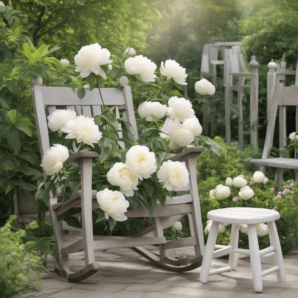 white peonies in the garden with rocking chairs