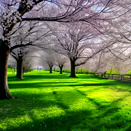 spring morning in the park the sun shines brightly grass low green blossom trees