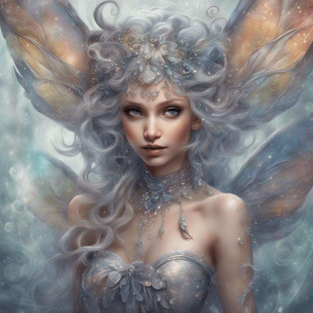 A whimsically eccentric pixie with shimmering wings, each intricate detail radiates with magic: tiny silver bells tangled in her hair, sparkling dewdrops adorning her translucent wings, and bright iridescent eyes filled with mischief. The main subject is a fantastical creature with a playful demeanor. This stunning image is a digital painting. The ethereal beauty of this scene is truly breathtaking, with vivid colors and intricate details that bring the pixie to life. The high-quality rendering captures every enchanting aspect of this mystical being, drawing viewers into a world of whimsy and wonder.
